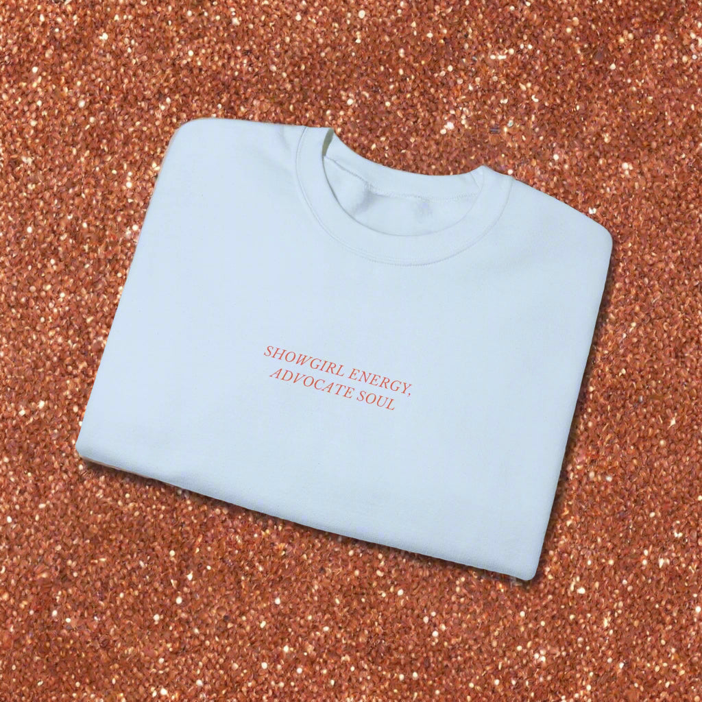 Light blue sweatshirt with text on a white background