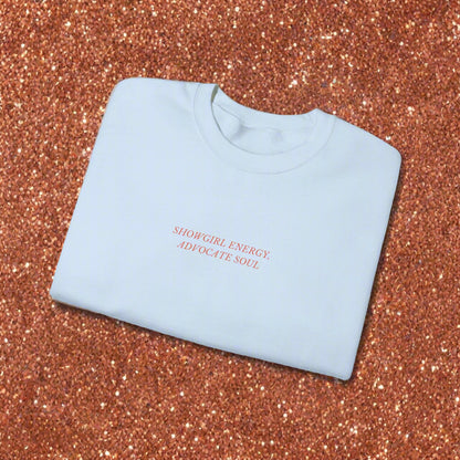 Light blue sweatshirt with text on a white background